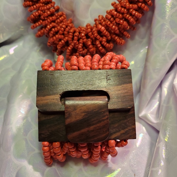 Red Orange Seed Beads Statement Necklace and Bracelet Cuff Set Modern - Picture 3 of 9